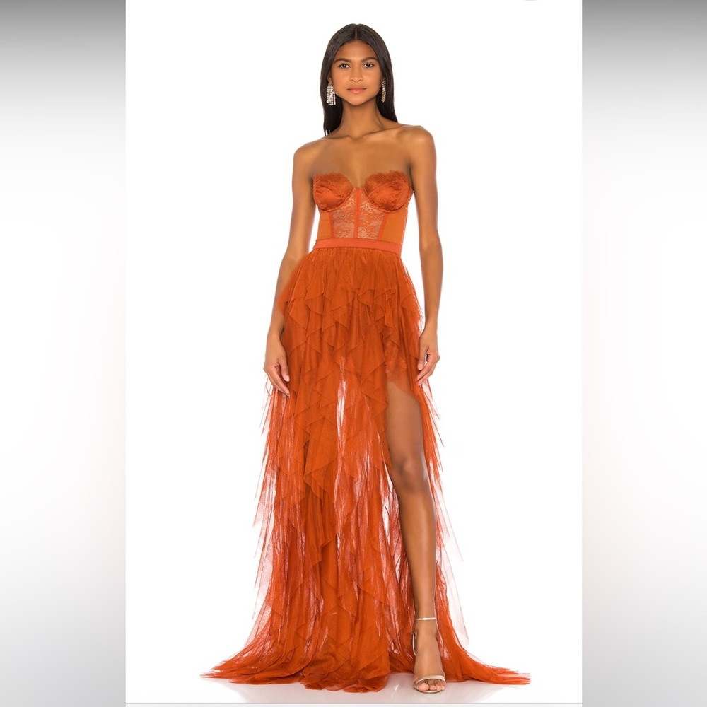 For Love & Lemons Rust Bustier Lace Gown
